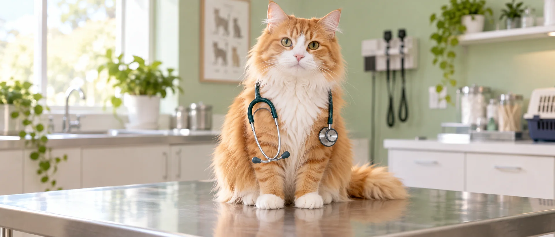 A cat with a stethoscope in a veterinary clinic